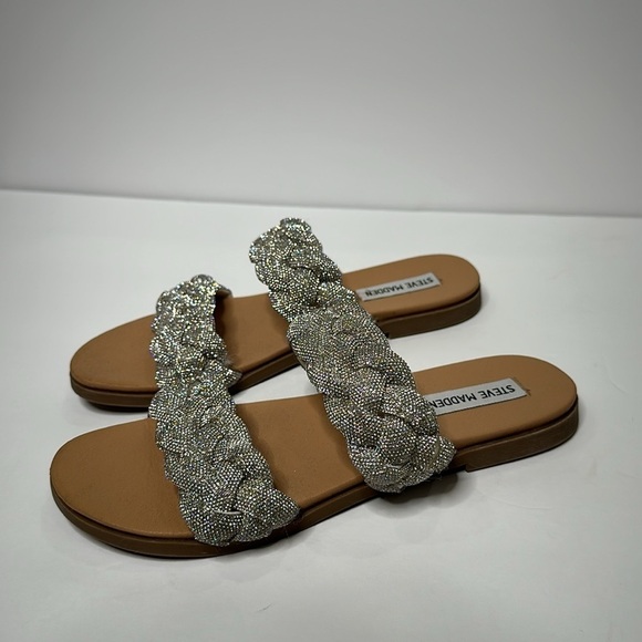 Steve Madden Dolay Silver Sparkly Gem Stone Bling Rope Slip On Flat Sandals Sz 8 - Picture 10 of 16